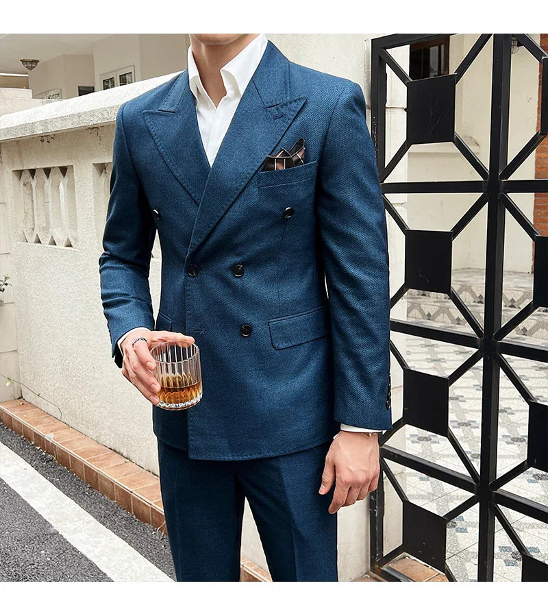 Men Vintage Luxury Double Breasted Slim Fit Lapel Evening Gown ltalian Style Fashion High-end Groom Wedding Party Tuxedo 2 Piece