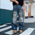New street graffiti ripped painted jeans for men, straight-leg, loose, wide-leg, trendy brand, stylish high-end