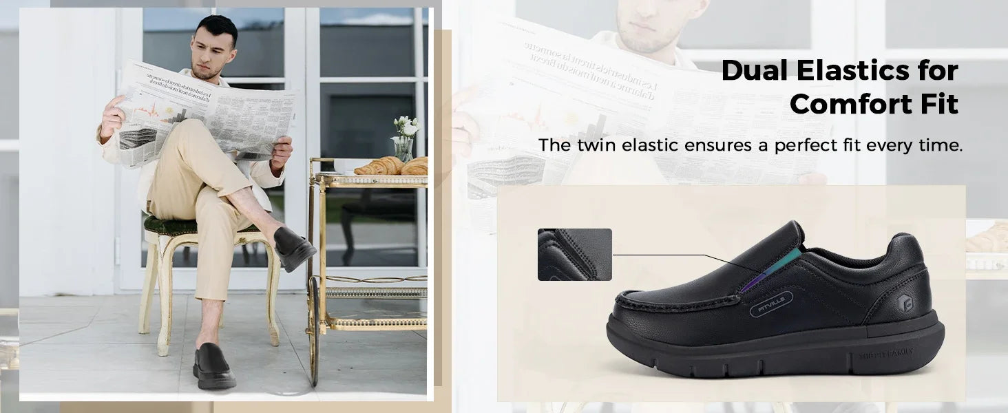 Men'S Slip-On Casual Shoes Leather Shoe Wide Width 2E Lightweight For Swollen Feet With Arch Support Pain Relief