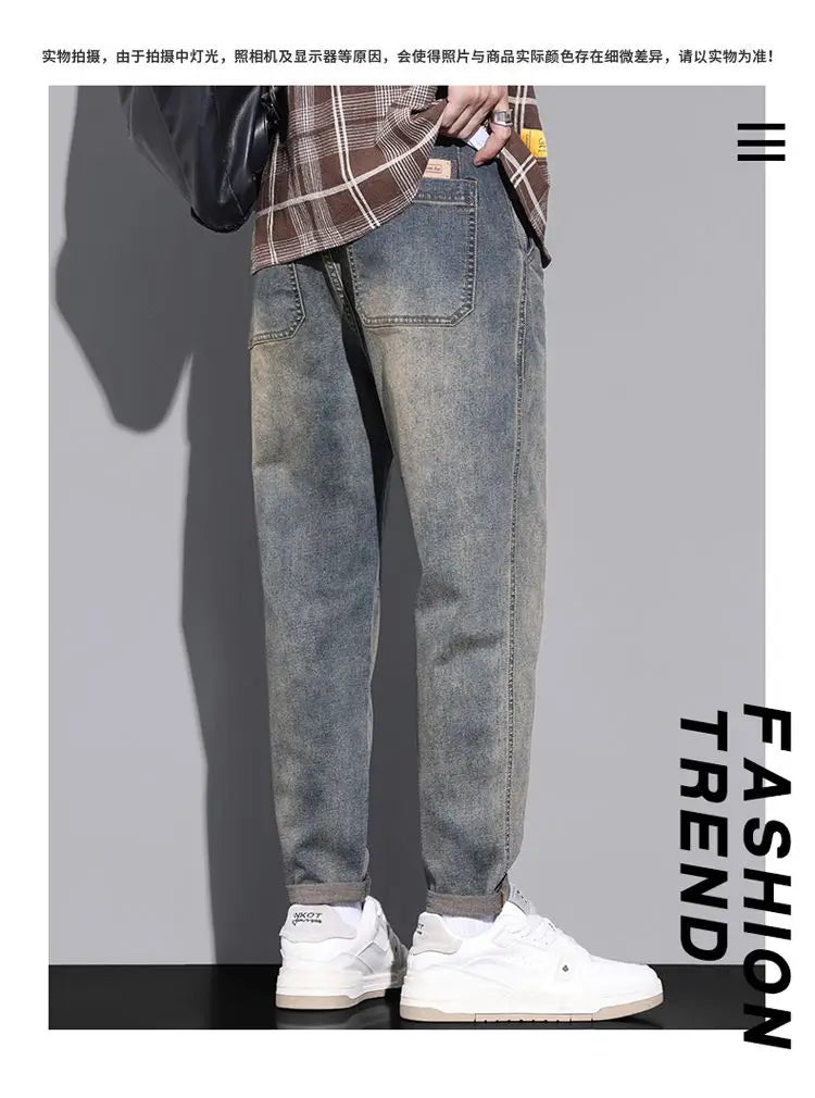 Retro American Style Men's Jeans Loose Fit Heavy Casual Slim Leg Cotton Pants Elastic Waist Korean Denim Jeans for Spring Autumn
