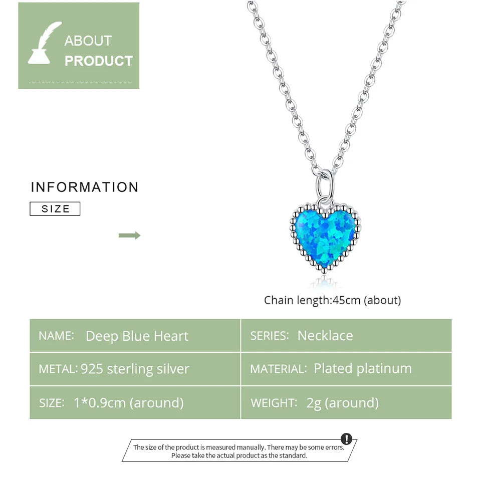 Deep Blue Heart Necklace for Women 925 Sterling Plated platinum Translucent opal Luxury Brand Jewelry 2020 Mode SCN413