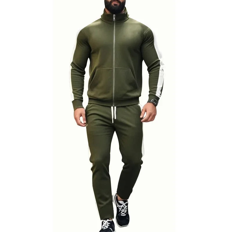 2025 Spring Autumn Men's 2-Piece Set Color Blocking Zipper Stand Collar Casual Sports Jacket Sweatshirt Trousers Suit