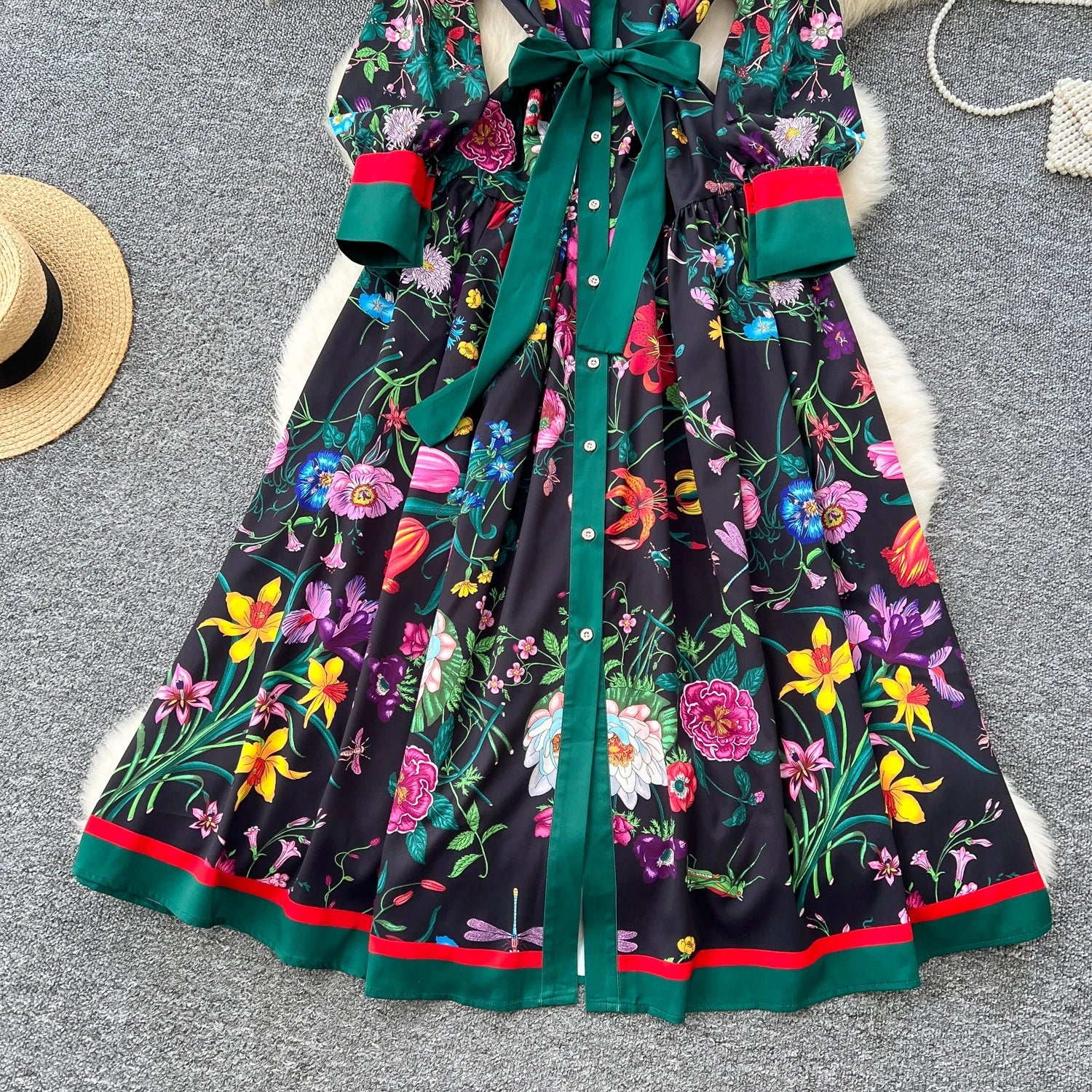 Retro Faion Print Stand Collar Single Button Women's Dr Waist Cinched Floor Length Skirt Korean Sle High Waist Long Sl...