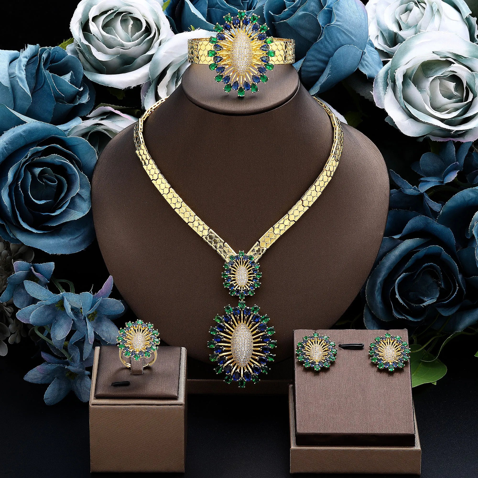 2024 Bridal Wedding Jewelry Set for Women Gold Plated Nigerian African 4pcs Jewelry Necklace Earrings Set Green Red CZ Zirconia