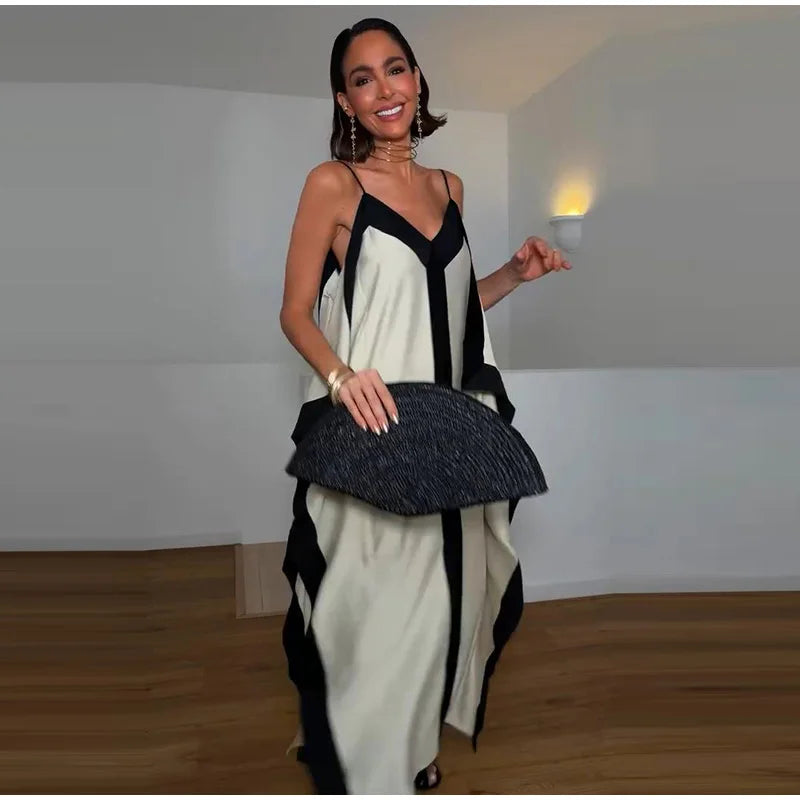 Contrast Black Trim Satin Maxi Dress Deep V Neck Loose Flowy Ruffle Hem Lady Long Gown 2026 Summer Formal Chic Vacation Dresses