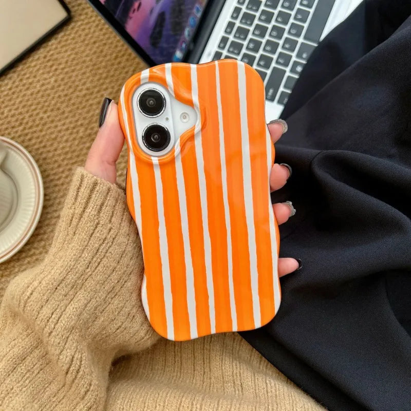 Fashion 2 in 1 Glossy Stripes Phone Case For IPhone 16 15 14 13 Pro Max Comfortable Touch Wave Edges Hard Slim Back Cover Shell