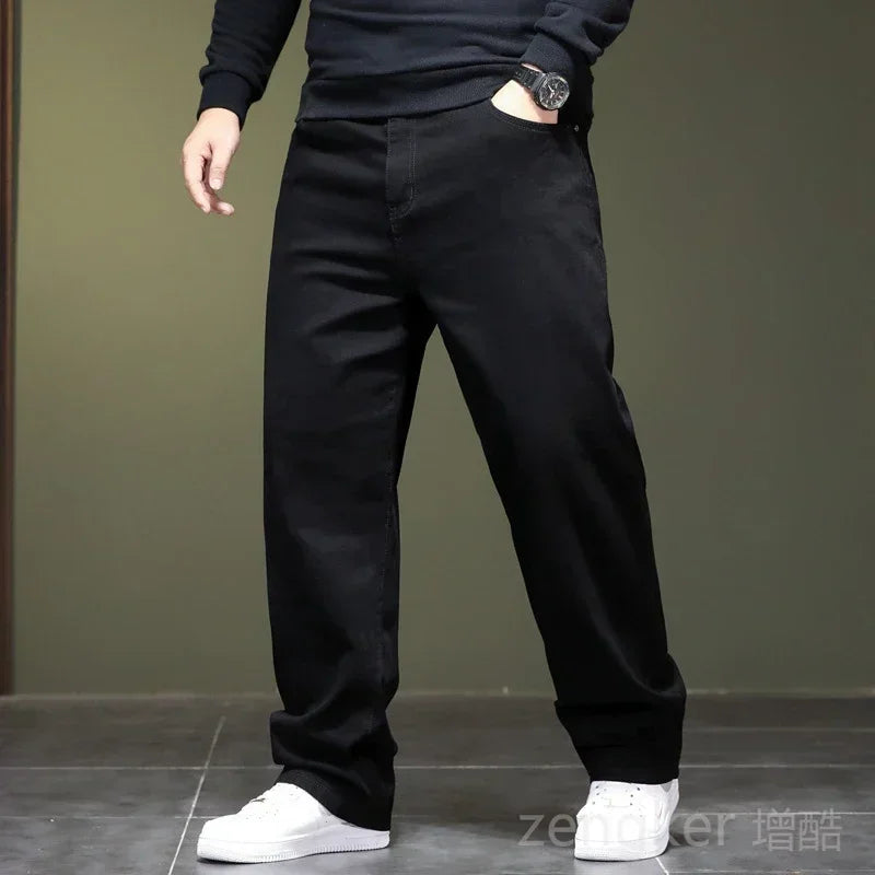 High elasticity spring autumn big size black jeans straight jeans men plus large size youth elastic long trousers 44 46 48