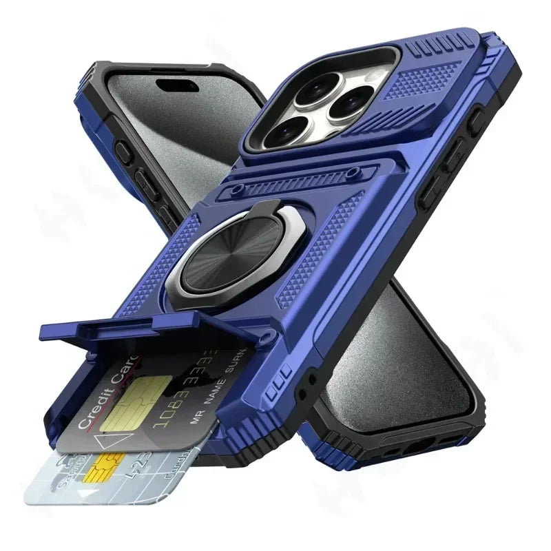 جراب حماية بتصميم محفظة لهاتف آيفون 16 15 14 13 11 برو ماكس XS XR 8 7 بلس، حماية شديدة التحمل ضد السقوط مع حلقة مغناطيسية دوارة ومسند