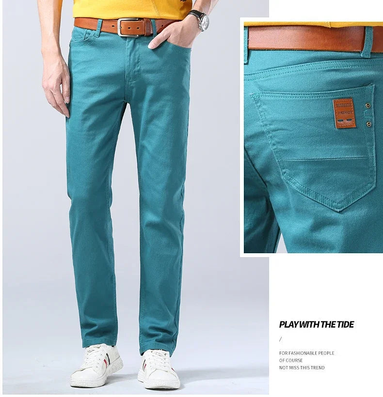 2024 Autumn New Men's Stretch Fit Jeans Bright Trendy Denim Straight-leg Trousers Male Red Lake Blue Yellow Trousers