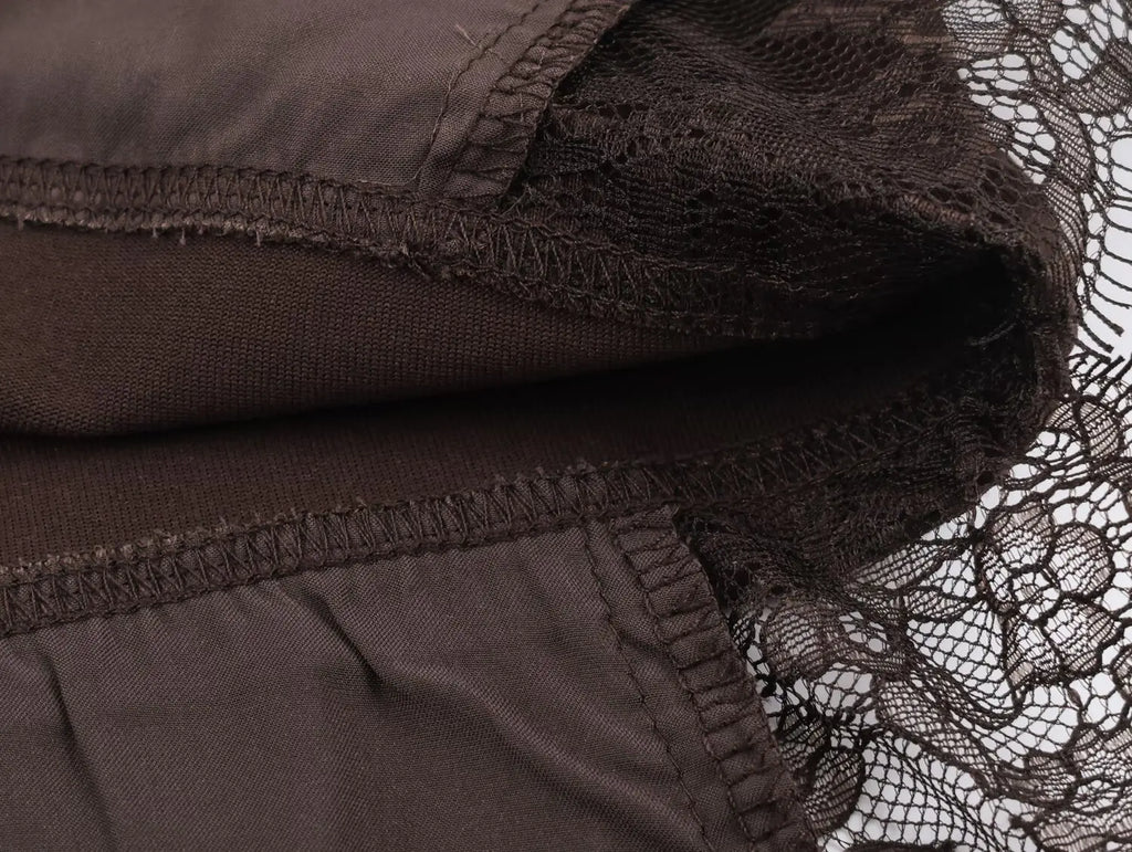 Women Vintage Solid Lace Patchwork T-Shirts Asymmetrical Hem O Neck Short Sleeve Shirt 2026 Trend High Street Lady Chic TEES