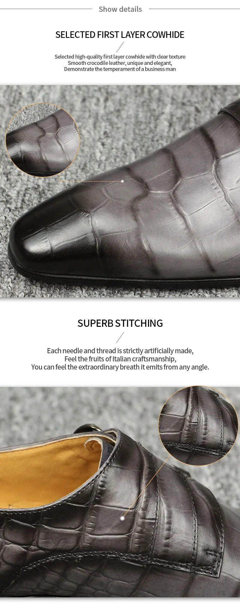 Fashion Business Men Leather Shoes Crocodile Print Wedding Party Office High Grade Genuine Leather Shoes Grey Pointed Toe Loafer