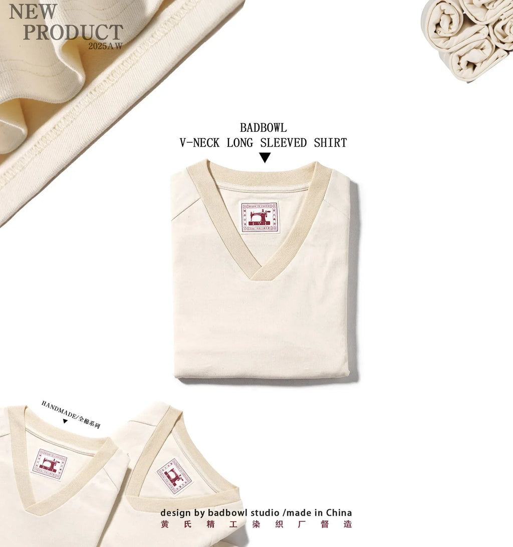 300G Combed Cotton Long Sleeved T-shirt for Men, V-neck Long Sleeved Base Shirt, Loose Basic Style, Heavy-duty Washed
