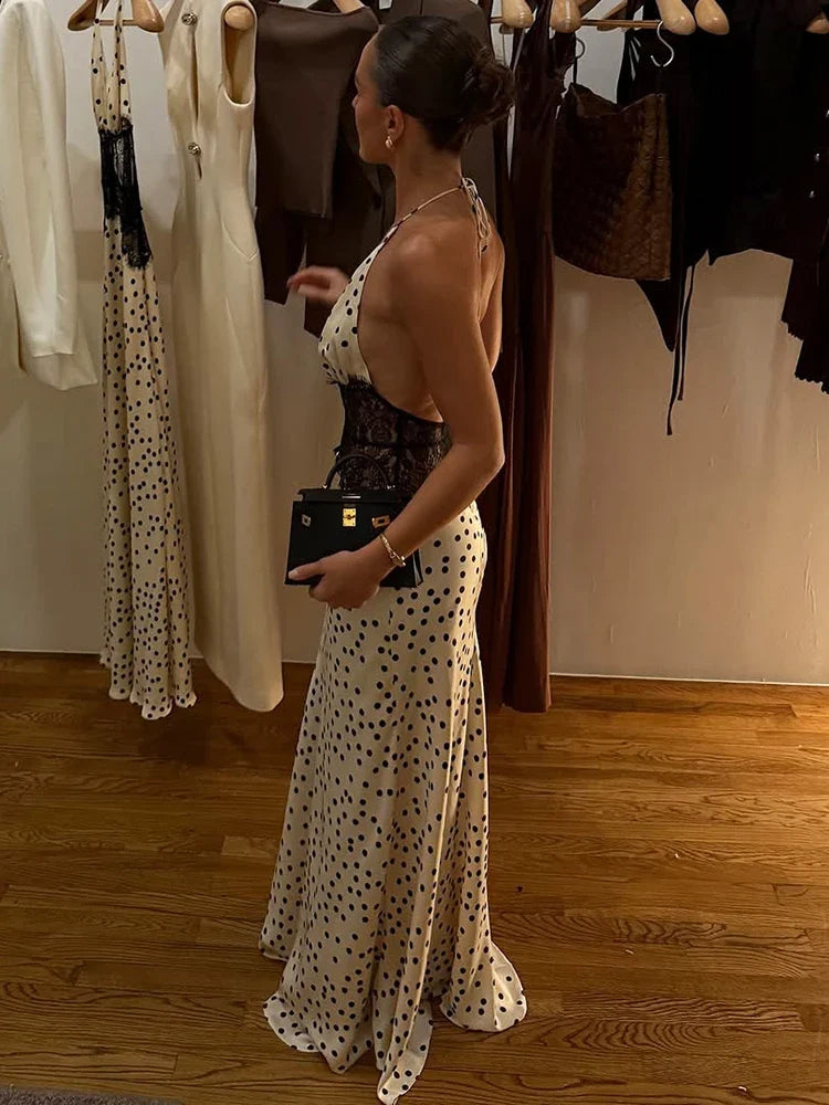 Polka Dot Backless Sexy Maxi Dress Women Gown Elegant Patchwork Lace Halter Deep V Neck Sleeveless Bodycon Club Dress