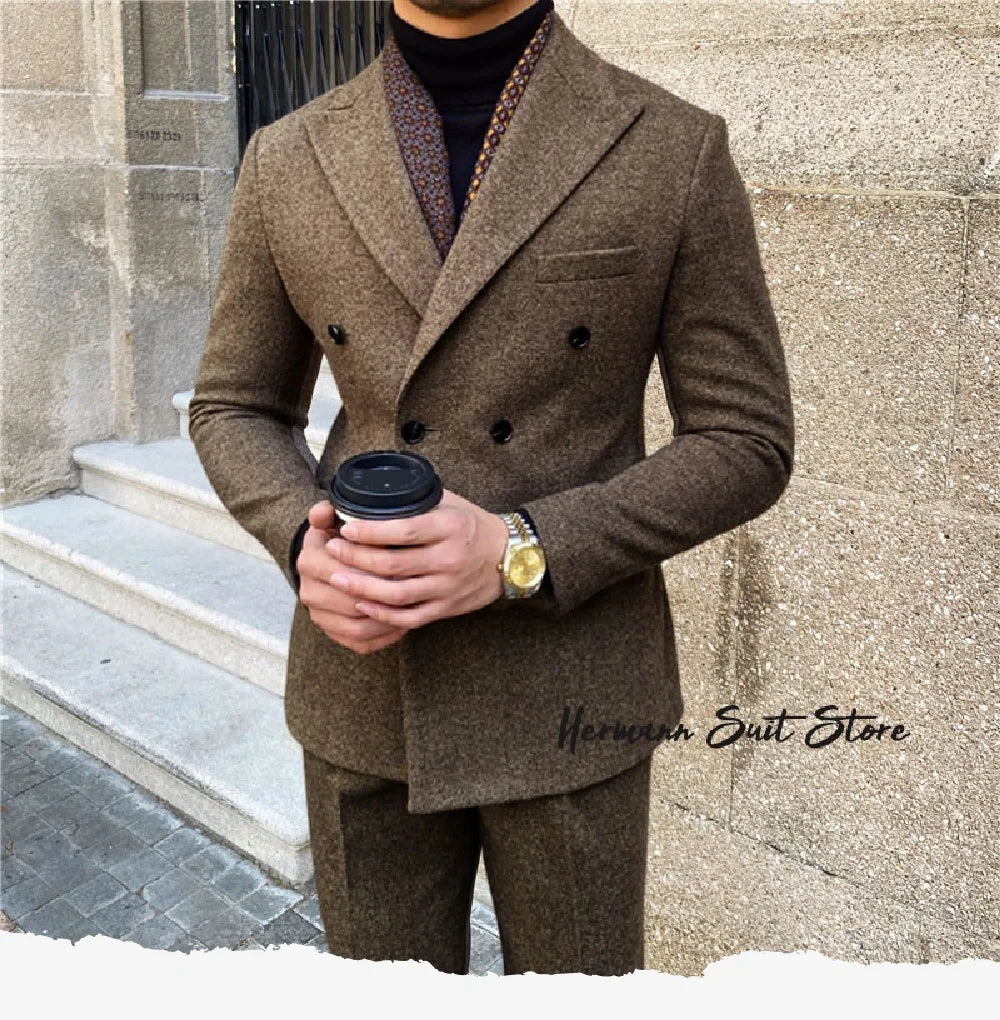 Wool Blend Men's 2 Piece Suit Set（Jacket+Pants) Double Breasted Lapel Suit Set Wedding  Prom Dinner Wrok Travel Dinner Banquet