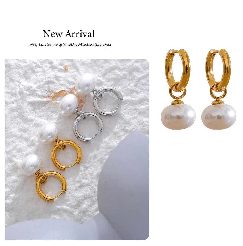 High Quality Imitation Pearls Drop Stainless Steel Golden Korean Hoop Earrings Charms Fashion Jewelry Bijoux Femme Gift