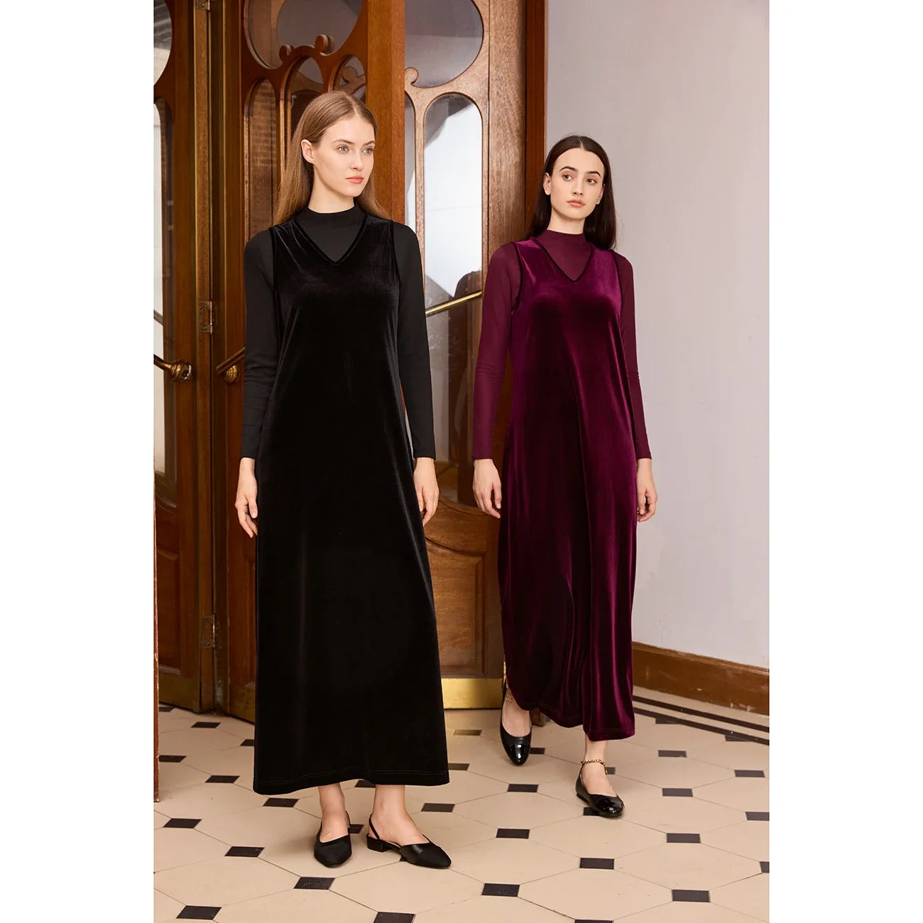 Women 2026 Autumn and Winter Modal Mesh Shirt and V Neck Velvet Maxi Dress High Quality
