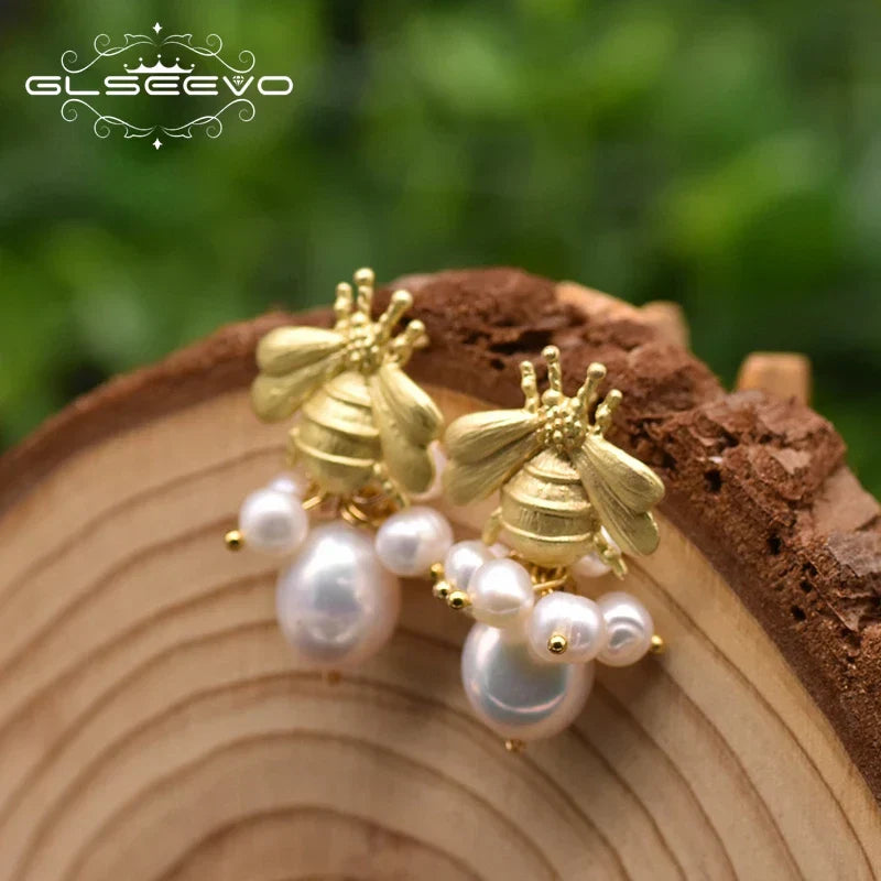 Bee And  With Natural Pearls Pearl Earrings 18K Gold Plated Jewelry Korean Designer Jewelry Earrings Gifts For Girlfriend