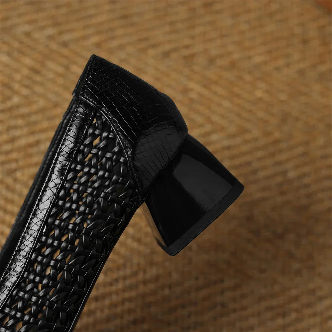 Women's genuine leather braided microfiber patchwork summer breathable pumps crystal buckle 4cm thick med heel daily dress shoes