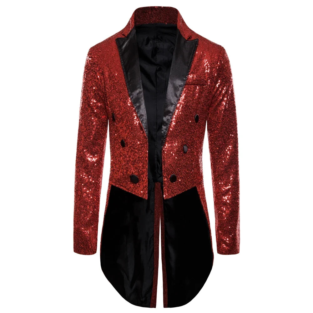 Shiny Gold Sequins Glitter Tailcoat Suit Jacket Male Double Breasted Wedding Groom Tuxedo Blazer Men Party Stage Prom Costume