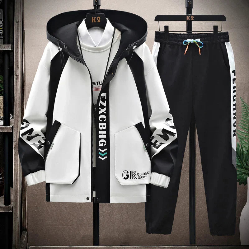 Spring Autumn Casual Men Sets Jacket + Pants Two Pieces Fashion Korean Trend Hooded Baseball Uniform Suit Man Outfit