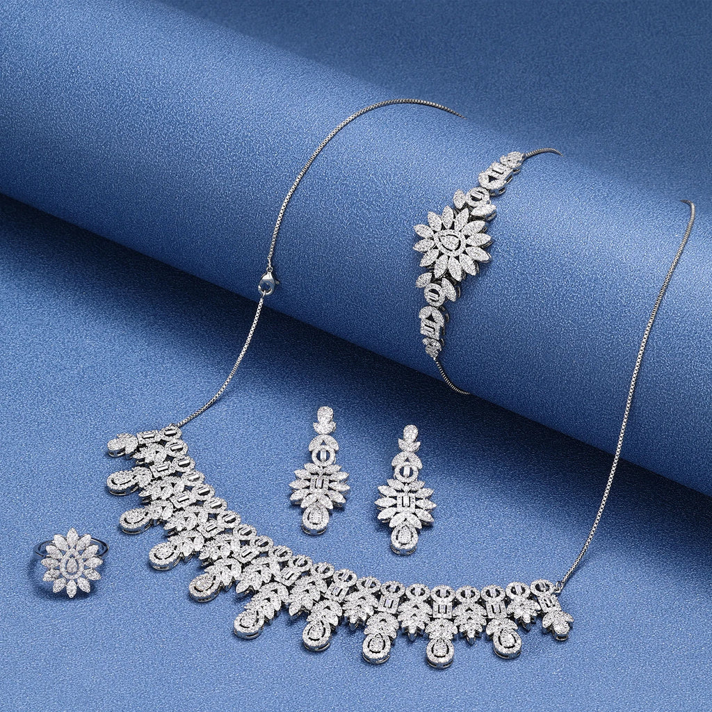 2025 Hot Sale Bridal Wedding Jewelry Sets for Women 4 Pieces Wedding Party Zirconia Necklace Bracelet with Adjustable Chain