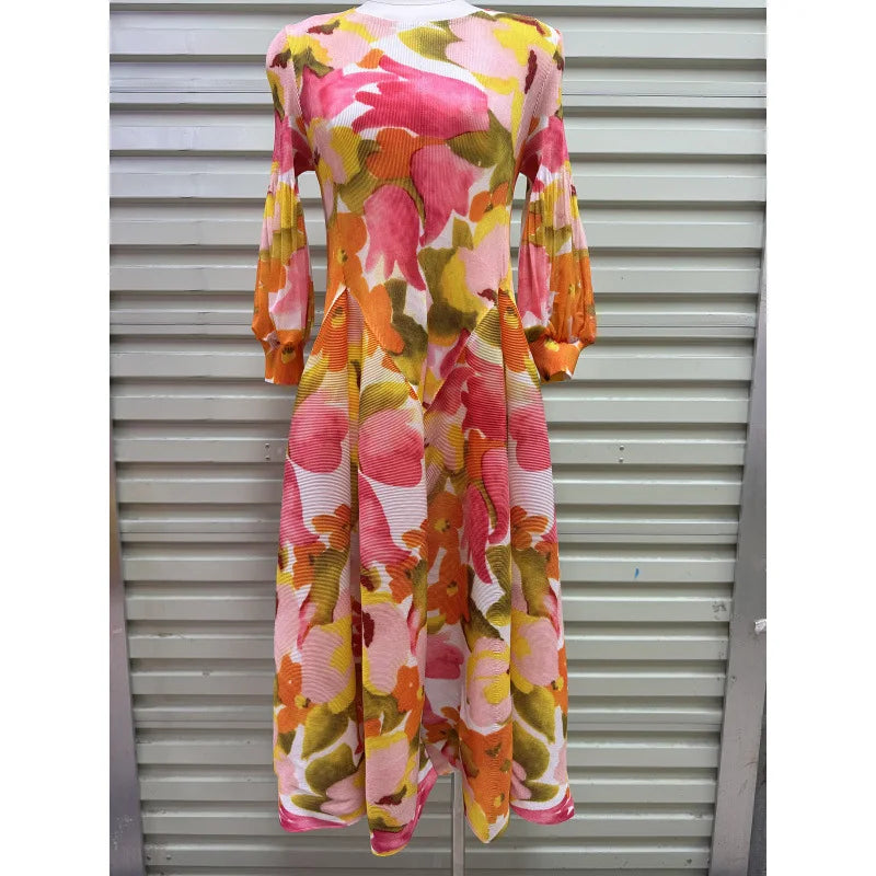 Miyake Pleated Dresses 2026 Autumn New Gentle French Print Elegant Stretch Plus Size Women's Long Sleeve Bounce Flower Bud Dress