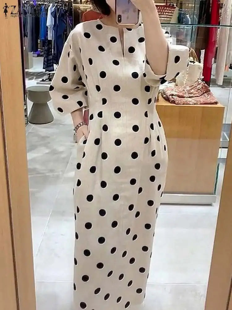 Elegant Women Dots Print Dress 2024 Summer Slim 3/4 Sleeve Vestidos Fashion V-Neck Party Midi Robe Office Pocket Dresses
