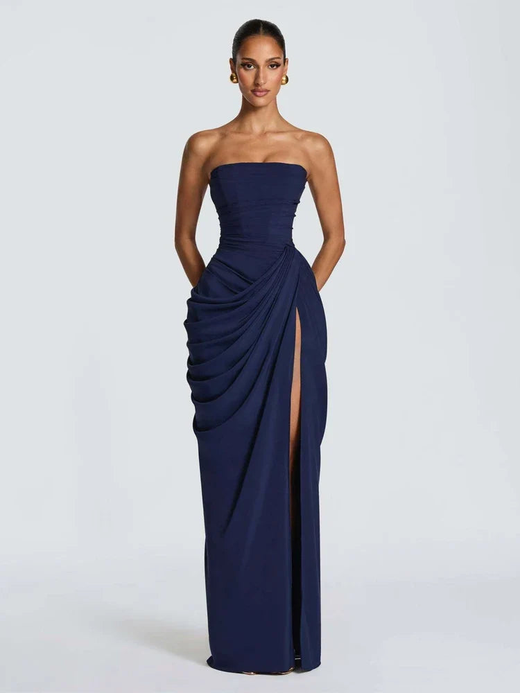 Elegant Solid Pleated Strapless Maxi Dress Yellow Off-shoulder Backless High Waist Split Robe 2026 New Lady Evening Party Gown