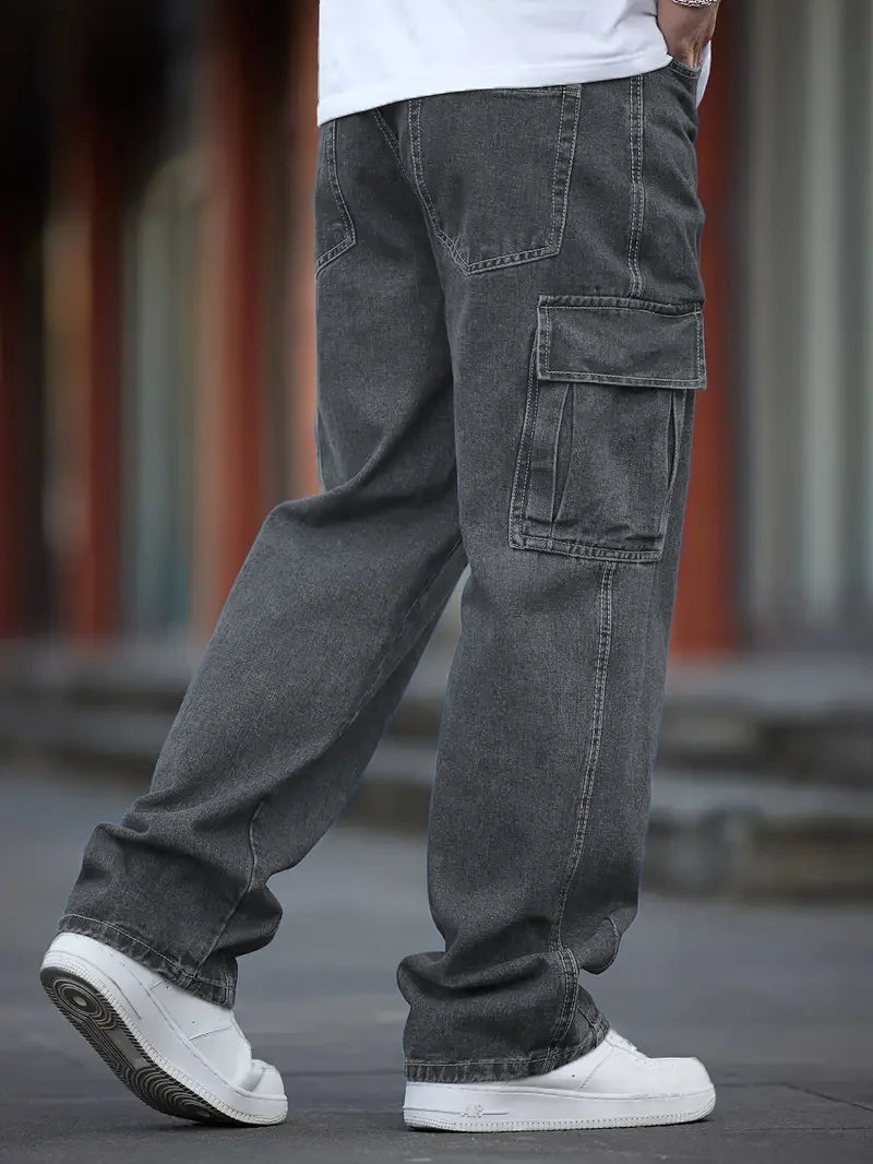 Men's Deep Blue Washed Denim Workwear Jeans Casual Multiple Pockets Design Loose Wide Leg Trousers Y2K Style Cargo Pants