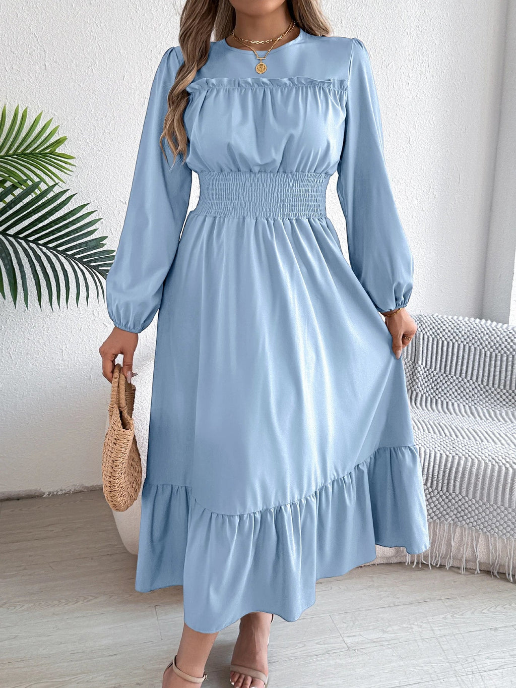 Autumn and Winter Casual Elegant Solid Color Round Neck Long Sleeved Waist Cinched Lotus Leaf Edge Dress Women Clothing