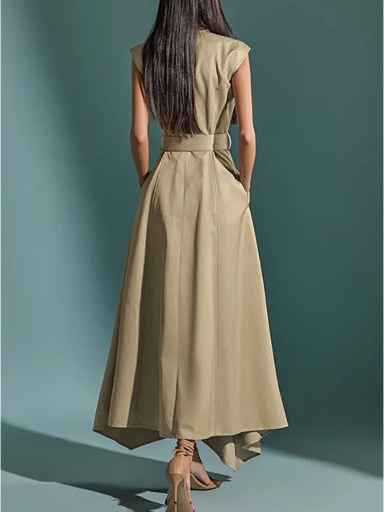 Summer 2025 Women's Elegant Sleeveless Cotton-Blended Dress Double Button High Waist A-Line Office Dresses with Belt