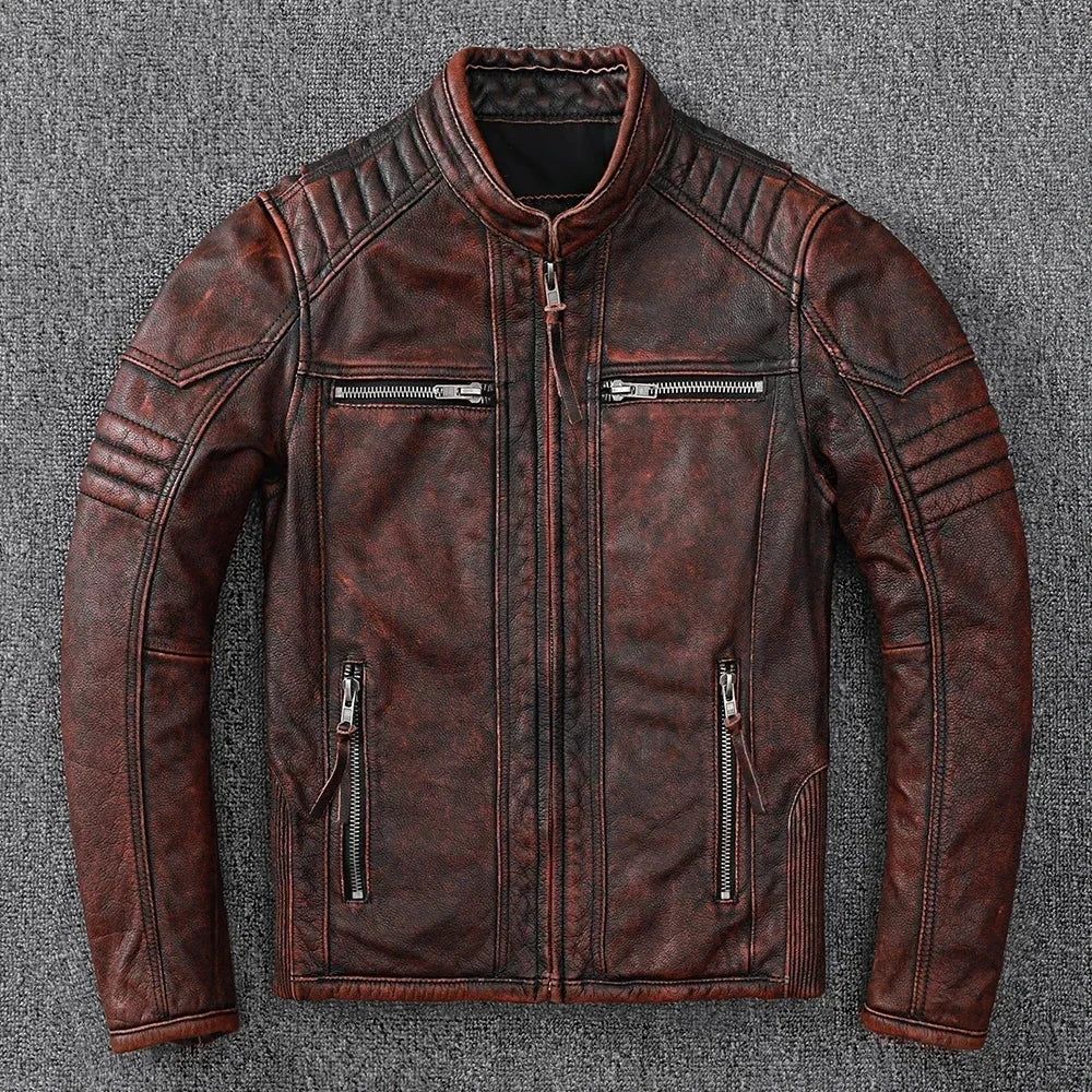 Vintage Motorcycle Jackets Men Leather Jacket 100% Genuine Cowhide Leather Coat Male Biker Clothing Autumn Asian Size S-5XL M696