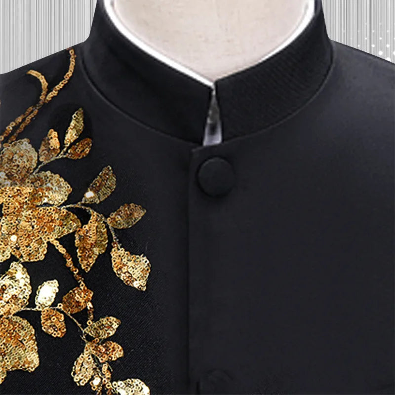Fashion Men Stand Up Collar Floral Suit