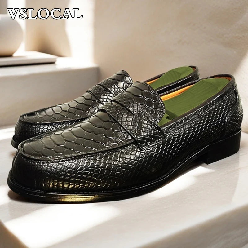 Luxury Men's Loafers Black Coffee Slip On Snake Print Mens Casual Shoes Wedding Office Banquet Genuine Leather Shoes Men