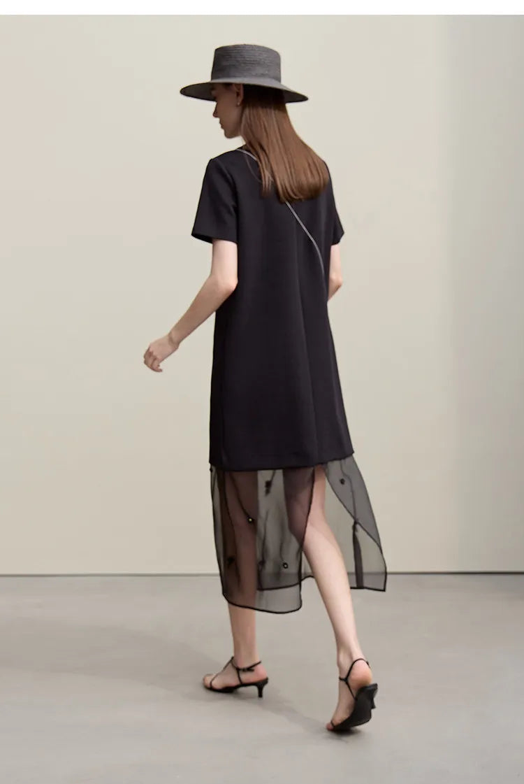 Long Dresses 2026 Autumn New Round Neck Short Sleeve Patchwork Women's Dress Removable Organza Elegant Dress Women 12651024