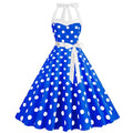 Women Summer Party Dress With Belt Polka Dot Print Halter Hepburn Robe 50s 60s Vintage Dresses