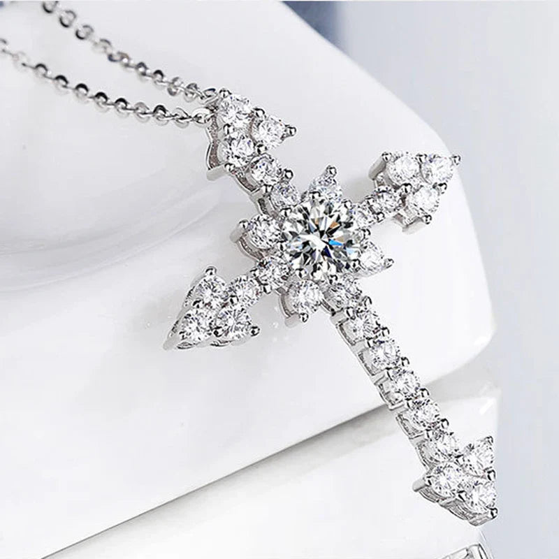 Real 1 Carat Moissanite Cross Pendant Necklace For Women 100% 925 Sterling Silver D Color Diamond Necklaces Fine Jewelry