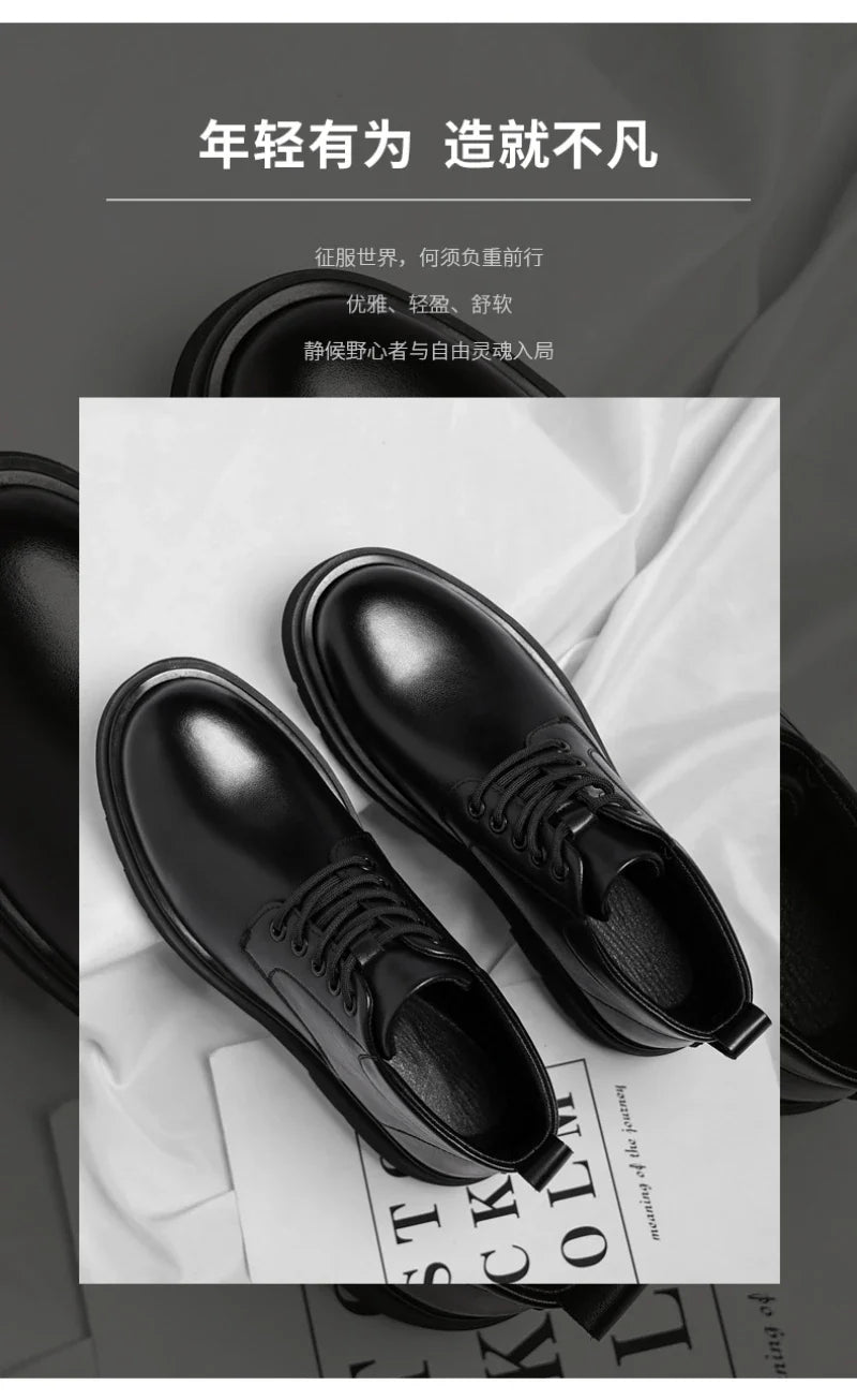 Mens Black Leather Lace Up Mid Top Boots Winter Warm Formal Business Office Wedding Shoes Black Work Boots Fashionable Dad Shoes