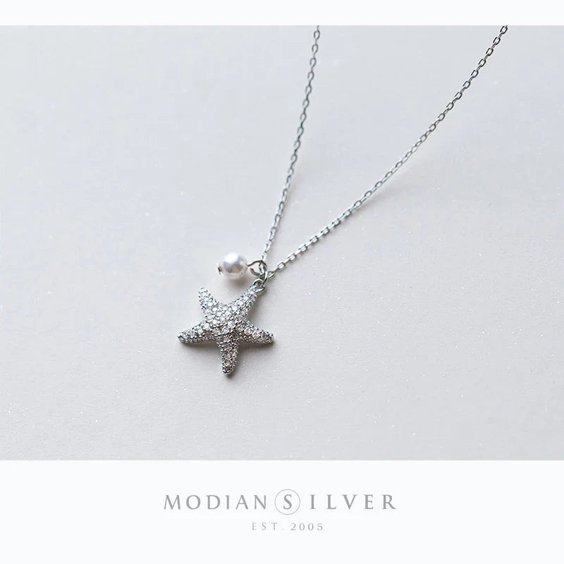 Marine Life Adjustable Necklace for Women Shiny Zircon Starfish Pearl Sterling Silver 925 Pendant Necklace Fine Jewelry