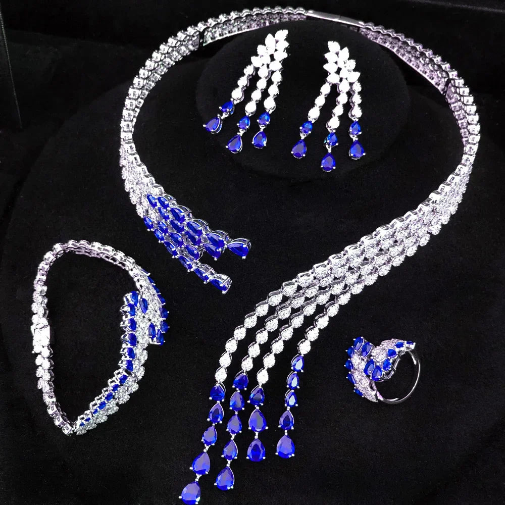 Trendy 4PCS Luxury Turquoise Statement Jewelry Sets For Women Wedding Cubic Zircon Indian African Dubai Bridal Necklace