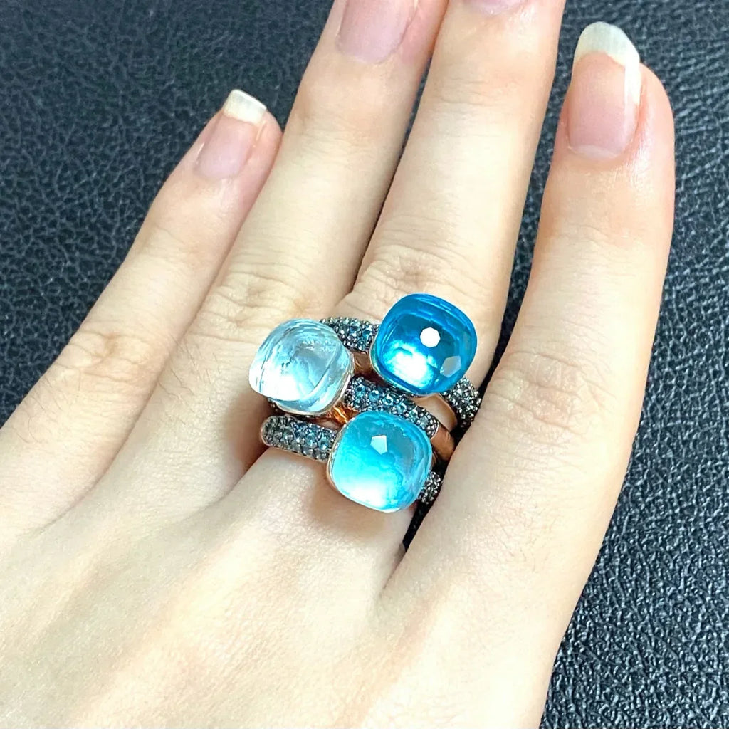 10.6mm Elegant Blue Topaz Zircon Ring Dual Tone Black Gun & Rose Gold 30 Colors Candy Crystal Jewelry Gift for Women