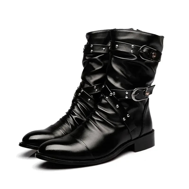 Men's Leather High Quality Mid Tube Boots Fashion Classic Autumn Winter Black Punk Rock Shoes Casual Men Womens Plus Size 38--48