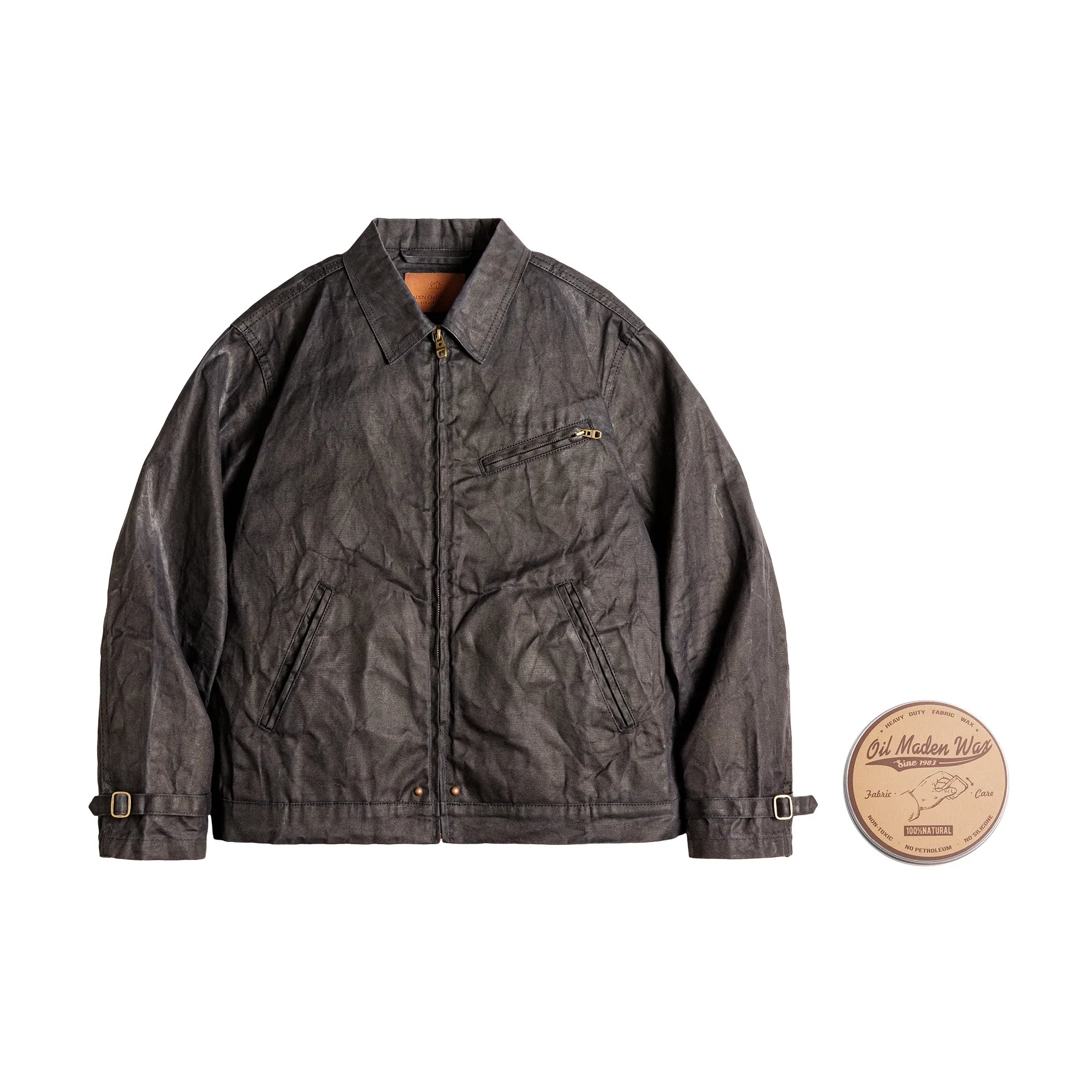 Maden Men's Vintage IV Oil Waxed Canvas Jacket Lapel Zipper Short Outerwear Classic Slim Fit for Men's Spring and Fall Jacket