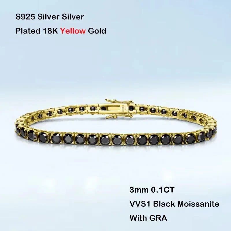 GRA Certified 3mm 0.1CT Gradient Color Black Grey White Moissanite Tennis Bracelet for Men Woman 925 Silver Link Bracelets
