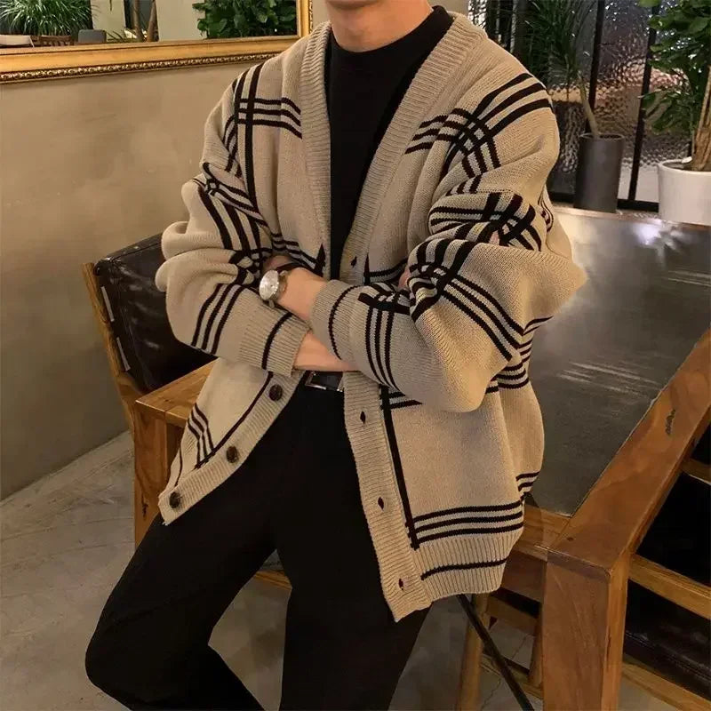 Men's Clothing Cardigan Jacket V Neck Coat Knit Sweater Male Plaid Elegant Casual Long Sleeve 100% Korean 2025 Autumn Classic A