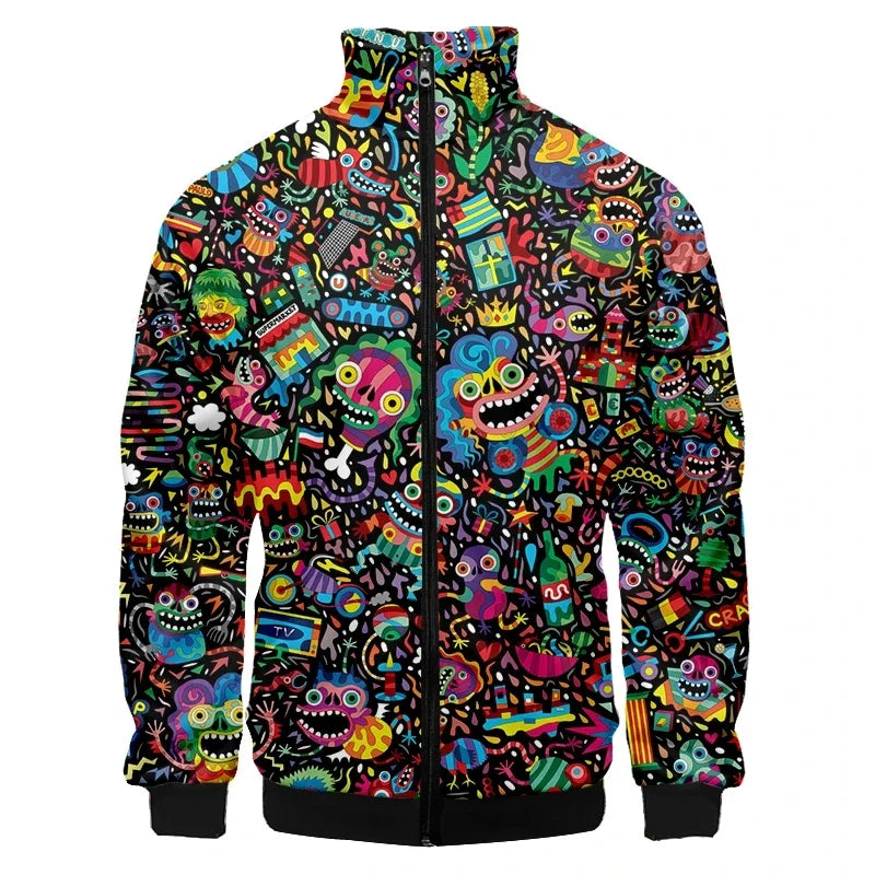 Colorful Monster Graffiti Art Men's Plus Size 3D Jacket Sportswear Spring Stand-up Collar Zipper Sweater Baseball Jacket Men's