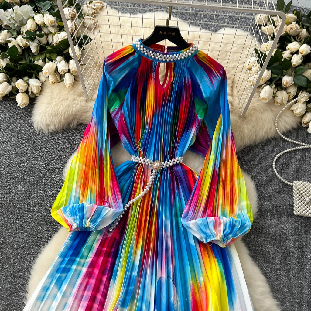 High-End Women's Dr Faionable Beaded round Ne Hollow out Pleated Lantern Sve Waist Cinched Floral Print Lon...
