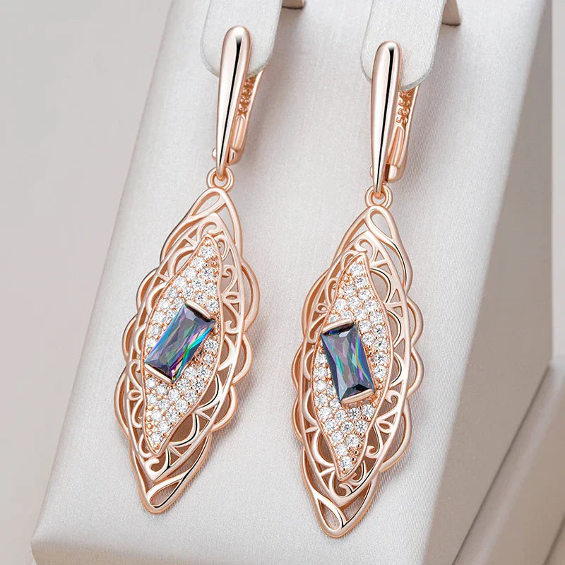 Hot 585 Rose Gold Color Flower Dangle Earrings for Women Square Colorful Natural Zircon Accessories Daily Fine Jewelry