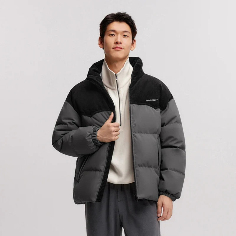 Down Jacket Men 2024 Winter New Patchwork Corduroy Texture Coat Thick Loose Top Embroidered Down Jacket