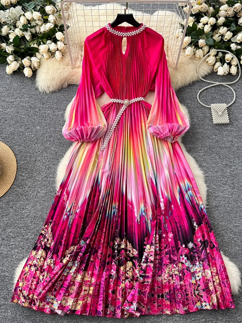 High-End Women's Dr Faionable Beaded round Ne Hollow out Pleated Lantern Sve Waist Cinched Floral Print Lon...